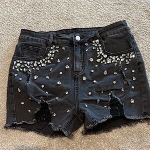 Embellished Black Denim Shorts
